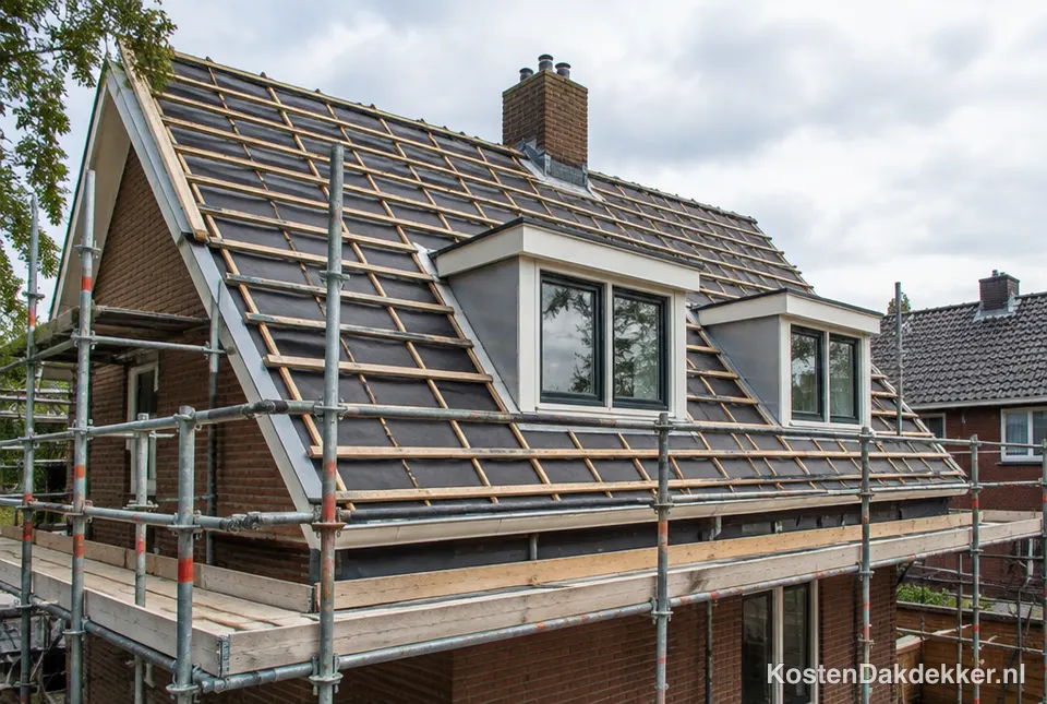 Woning met dak in renovatie en steiger