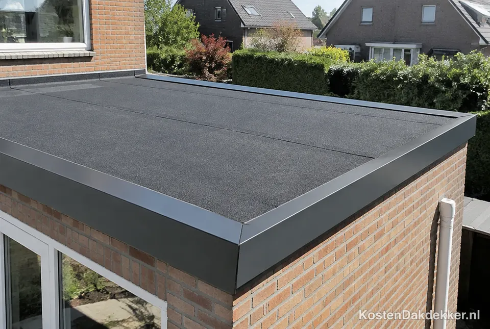 Plat dak met nieuwe bitumen dakbedekking